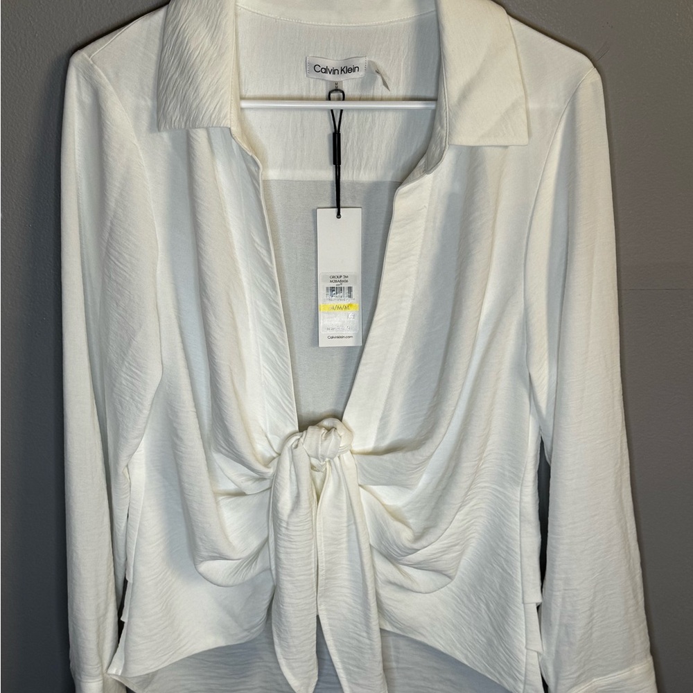 Calvin Klein Women's Tie Front Blouse Medium Ivory Long Sleeve NWT - Picture 2 of 10